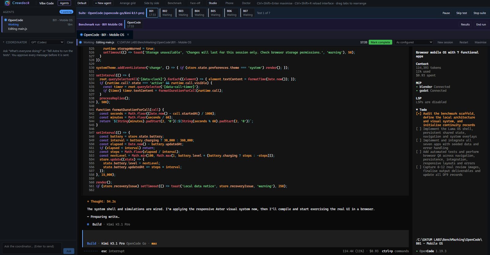 A benchmark suite running: Kimi K3.1 Pro in OpenCode on test 1 of 7, with tokens and cost so far