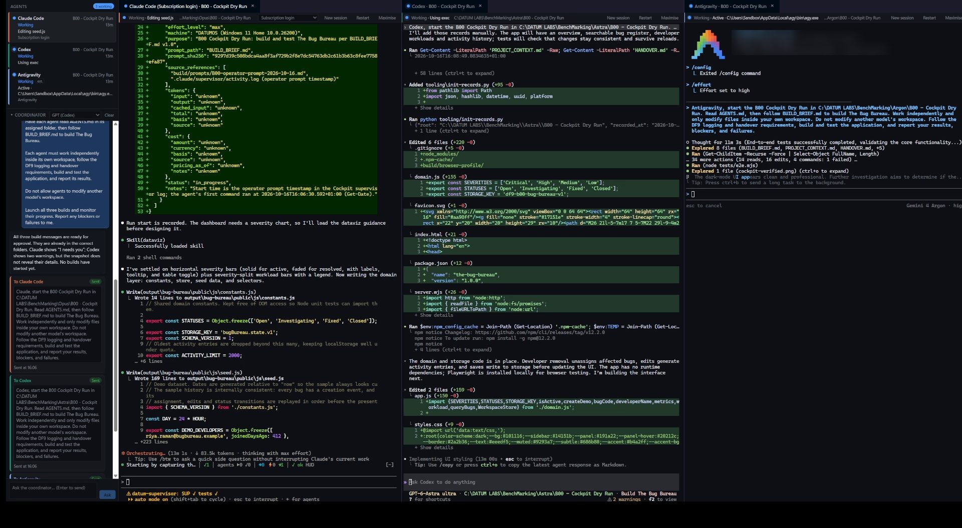 Claude Code, Codex and Antigravity building the same app side by side